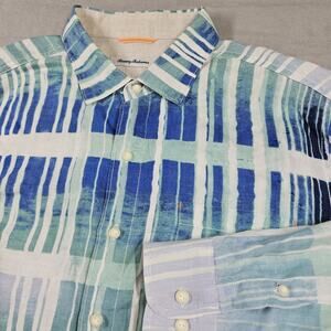 Tommy Bahama Linen Shirt Men Large Blue Ombre Tropical Hawaiian Beach Preppy L/S